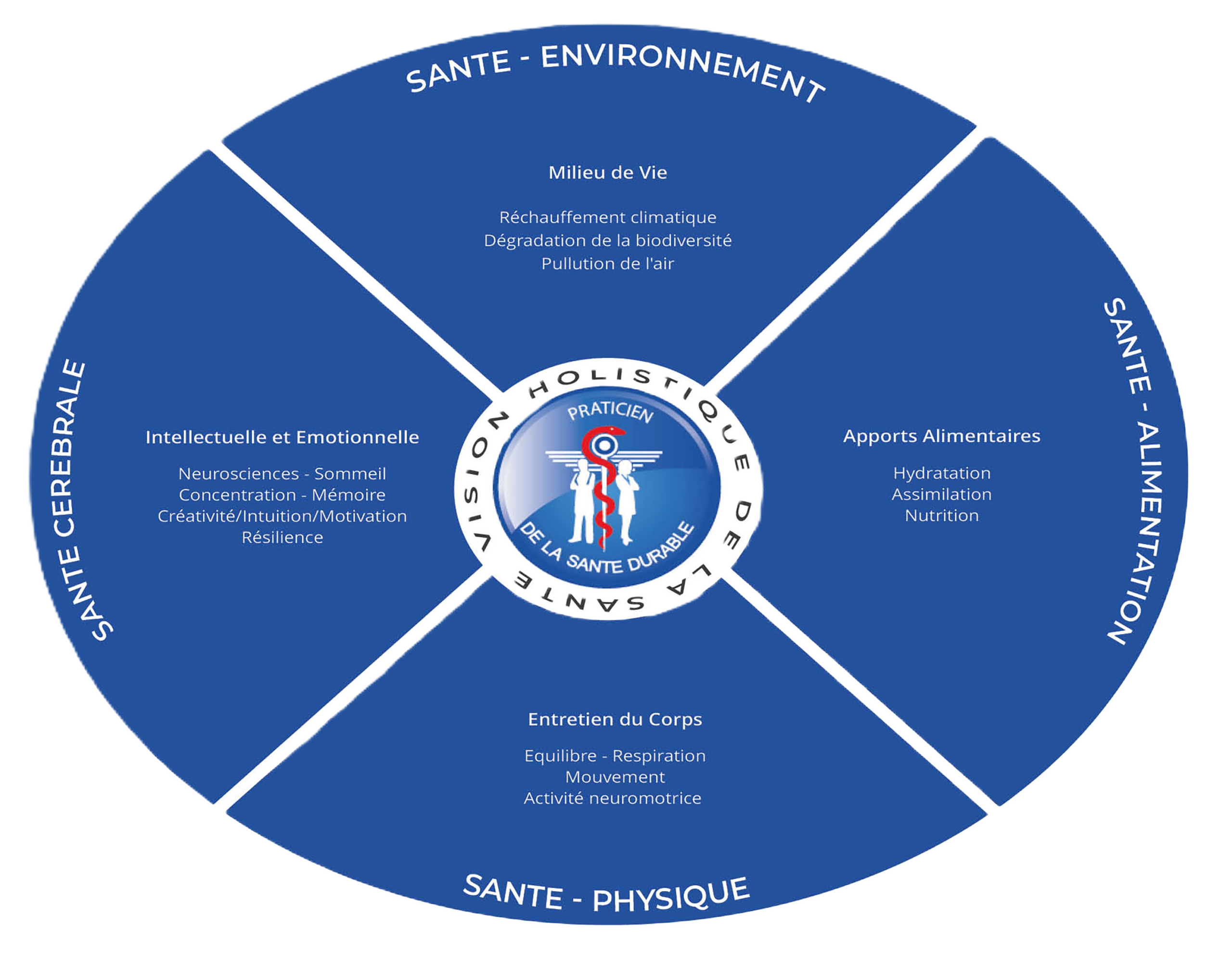 Schéma illustrant les quatre piliers de la santé durable : santé environnementale, santé alimentaire, santé physique et santé cérébrale, autour d'une approche holistique de la personne.